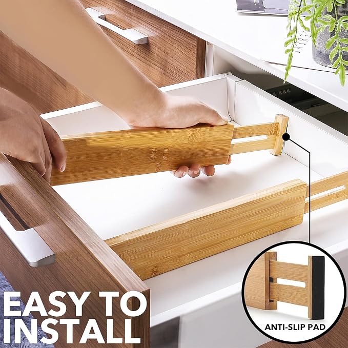 SpaceAid 4 Pack Bamboo Drawer Dividers with Labels, Kitchen Adjustable Drawer Organizers, Expandable Organization for Home Clothes Dressers (17-22 in, Natural) - Image 6