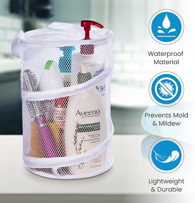 Handy Laundry Portable Shower Caddy – Foldable Mesh Organizer with Handle, Quick Dry, Large Compartments, Drainage Hole, Ideal for Dorm, College, Gym, Travel, Camp – White - Image 4