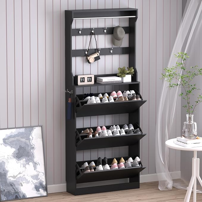 BORNOON Shoe Cabinet with 3 Flip Drawers & Coat Rack, Narrow Hidden Shoe Storage Cabinet, 2-in-1 Hall Tree Slim Freestanding Shoe Rack Organizer for Entryway, Hallway, and Living Room by BORNOON