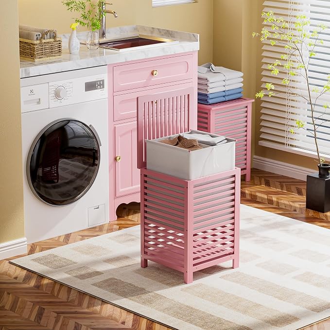 SMIBUY Double Laundry Hamper with Lid, 120L Bamboo Laundry Basket with Removable Liner Bag, 2-Section Clothes Divider Laundry Sorter for Laundry Room, Bathroom, Bedroom (Pink) - Image 4