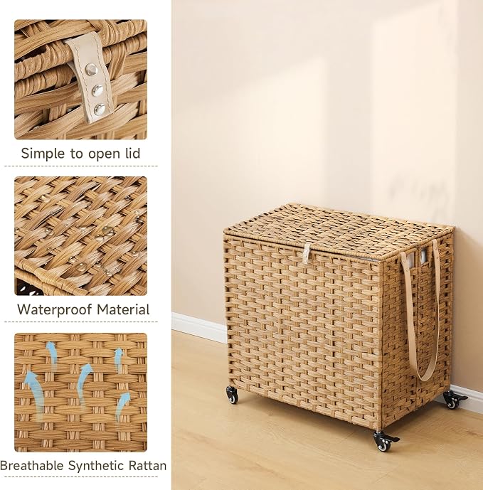 Laundry Hamper with Wheels, 34.3 Gallon(130L) Rolling Laundry Basket with Lid, 3-Section Rattan Clothes Hamper with 3 Removable Liner & 3 Mesh Bags, Laundry Sorter with Side Pocket, Natural - Image 7