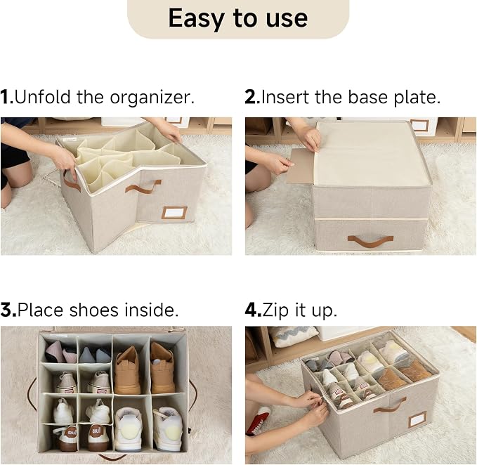 StorageWorks Shoe Organizer for Closet, 2 Pack Shoe Storage Boxes with Clear Lid, Stackable Shoe Storage Organizer for Sandals and Slippers, Fabric Shoe Bins for Closet, Holds 16–32 Pairs, Taupe - Image 4