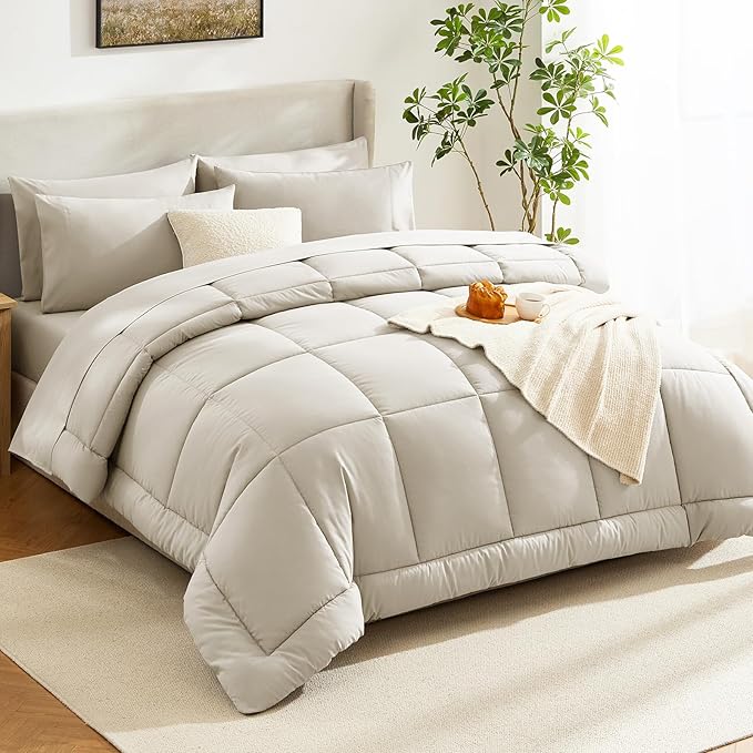 CozyLux Queen Comforter Set Oatmeal, 7 Pieces Bed in a Bag, Oatmeal Comforters Queen Size, All Season Bedding Sets with Stitch Quilted Comforter, Flat Sheet, Fitted Sheet, Pillowcases