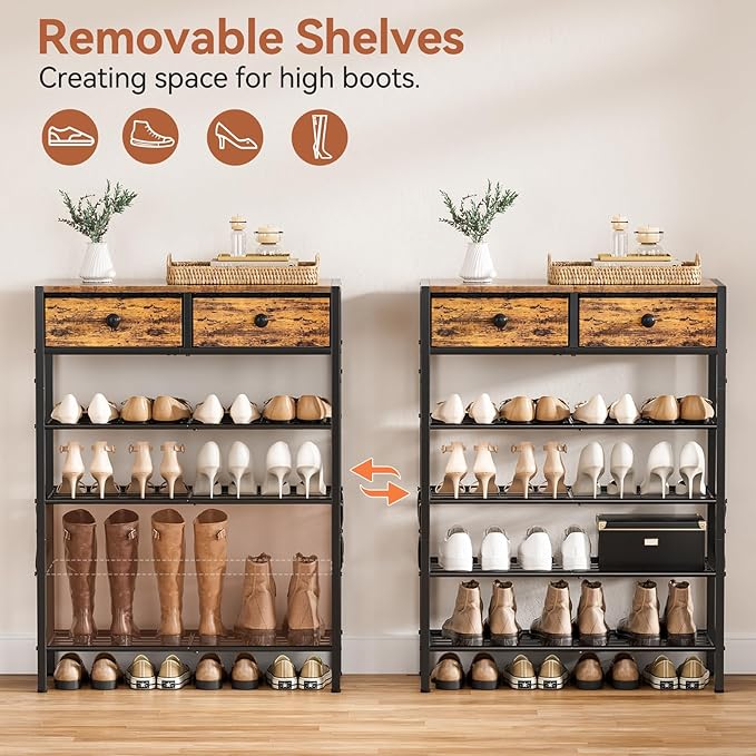 Shoe Rack for Entryway, 5 Tier Shoe Organizer with 2 Non-woven Drawers, Metal Storage Shoe Shelf for 16-20 Pairs of Shoes, with Wooden Top and Steel Frame, Shoe Stand for Closet Rustic Brown - Image 7