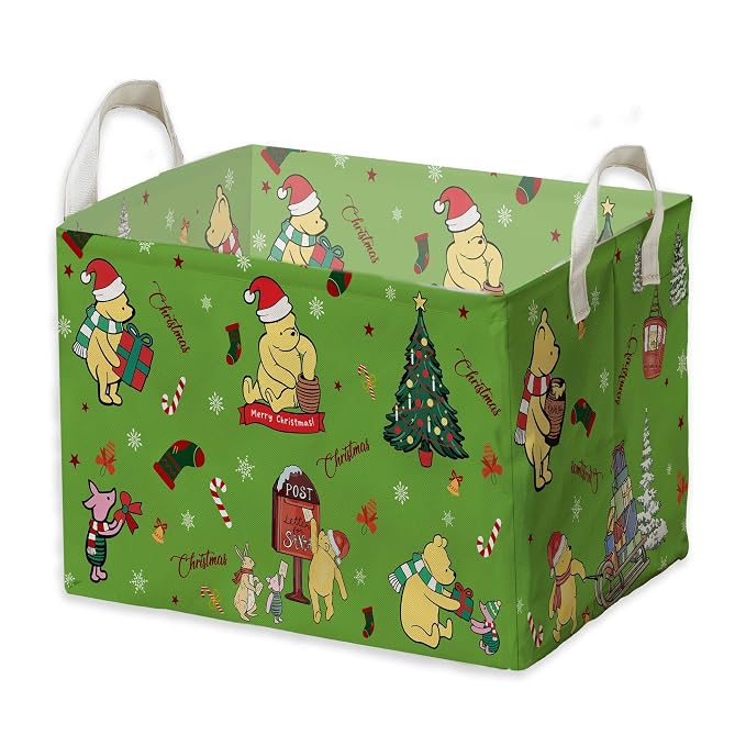 Winnie Theme Christmas Baskets Decor,the Pooh Baby Stuff, Large Square Canvas Baby Laundry Hamper with A Waterproof PE Coating,Foldable Storage Bin for Toys and Clothes by ZsaTuiy