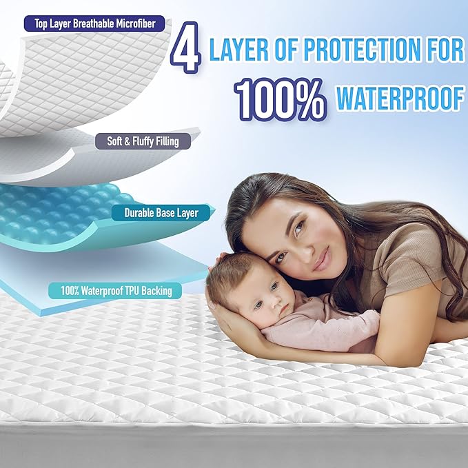 HYLEORY Full XL Size Waterproof Mattress Pad Protector, Breathable Quilted Mattress Cover Noiseless Waterproof Fitted Sheet Mattress Topper Upto 21" Deep Pocket, White