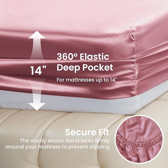 Love's cabin Satin Queen Sheets Set - 4 Piece Rose Taupe Silky Bed Sheets Set with Deep Pocket, Luxury Silk Feel Satin Queen Size Sheet Set (1 Flat Sheet,1 Fitted Sheet,2 Pillow Cases)