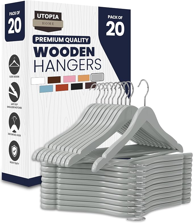Utopia Home Premium Wooden Hangers 20 Pack - Durable & Slim Coat Hanger - Suit Hanger with 360-Degree Rotatable Hook - Wood Hangers with Shoulder Grooves (Grey Color) by UTOPIAHOME