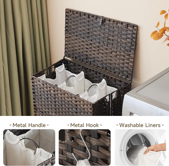 Laundry Hamper with Wheels, 34.3 Gallon(130L) Rolling Laundry Basket with Lid, 3-Section Rattan Clothes Hamper with 3 Removable Liner & 3 Mesh Bags, Laundry Sorter with Side Pocket, Brown - Image 6