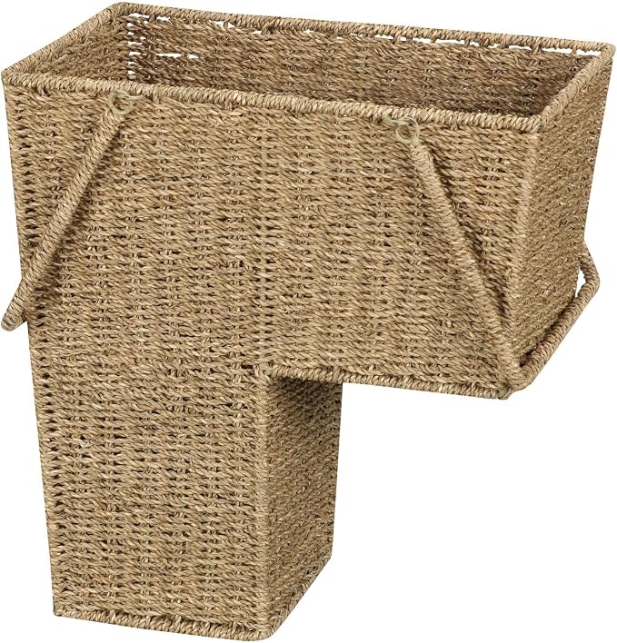 Household Essentials Wicker Stair Basket with Handles, Handwoven Seagrass, Natural by HouseholdEssentials