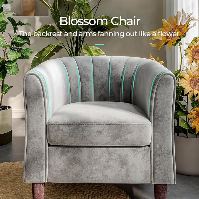 LINSY Accent Chair with Ottoman, Modern Barrel Chair Small Armchair Reading Chair with Footrest, Comfy Round Arms Chair for Living Room Bedroom Reading Room, Velvet, Grey