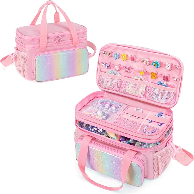 GRAOSO Double Layer Jewelry Organizer Storage for Kids Girls, Travel Jewelry Case Bag, Portable Jewelry Box with Handle and Detachable Shoulder Strap for Necklaces, Earrings, Rings, Pink (Case Only) by GRAOSO