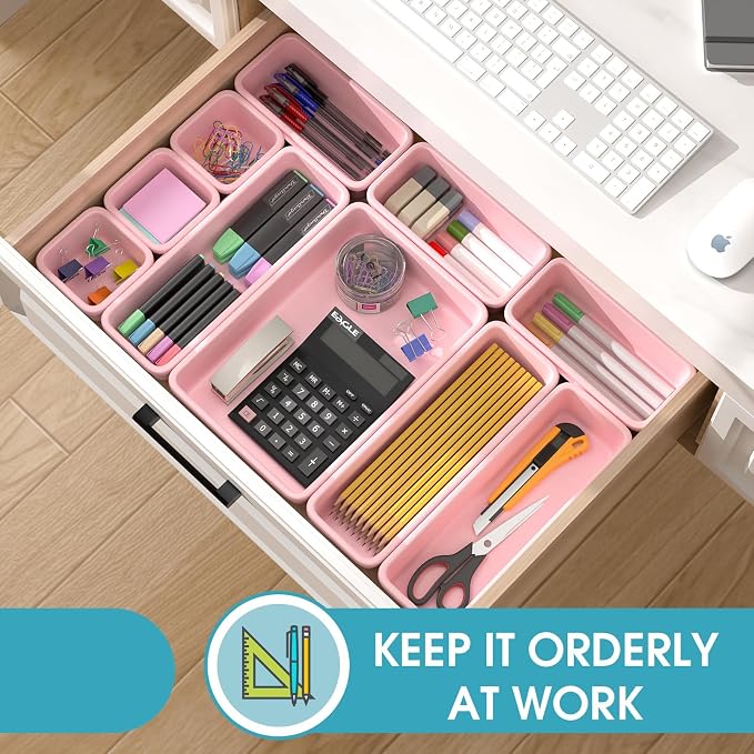 10 PCS Drawer Organizer Set, 4 Size Makeup Drawer Divider Organizer With Non-Slip Pads, Interlocking Plastic Storage Bins for Office,Jewelry Vanity,Gadgets, Bathroom,Kitchen, Pink - Image 4