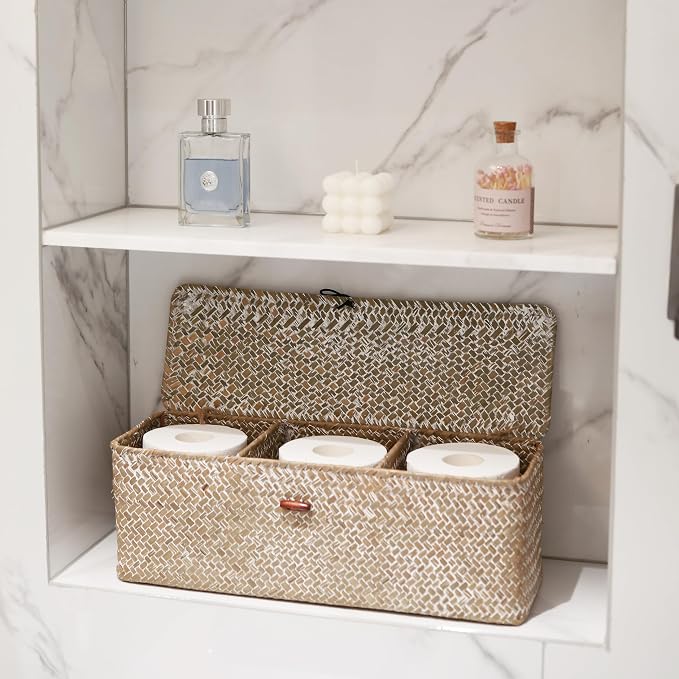 Whitewash Seagrass Tank Basket with Lid Woven Toilet Roll Storage Basket with Sections Rectangular for Organize Snack Toys (Large Compartment 16.5inch L x 5.5inch W x 5.5inch H) - Image 7