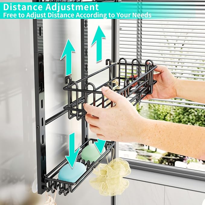 HapiRm 3 Tier Over the Door Shower Caddy, Hanging Shower Caddy with 16 Hooks and 2 Soap Holders, No Drilling Adjustable Hanging Bathroom Organizer - Black - Image 2