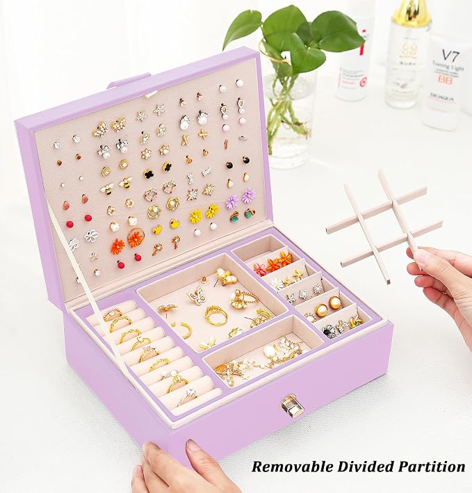 QBestry Girls Jewelry Box Earring Holder Organizer for Girls, Purple - Image 4