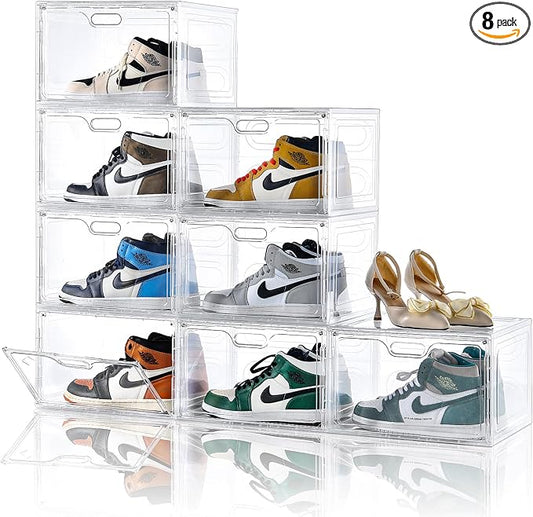 Amllas 8 Pack Shoe Boxes Clear Plastic Stackable, Large Shoe Storage Organizer with Lids,Drop Side Shoe Containers for Entryway,Sneaker Storage Fit up to US Size 13 (13’’x 10.6”x 8.3”) by Amllas