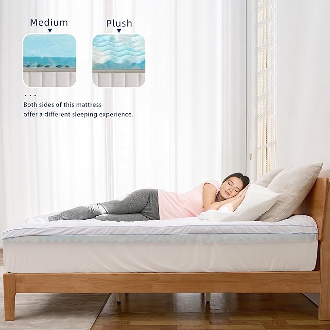 Dual Layer 4 Inch Memory Foam Mattress Topper Queen, 2 Inch Cooling 5-Zone Gel Memory Foam Plus 2 Inch Down Alternative Pillow Top Mattress Topper, with Deep Pocket, Support for Back Pain