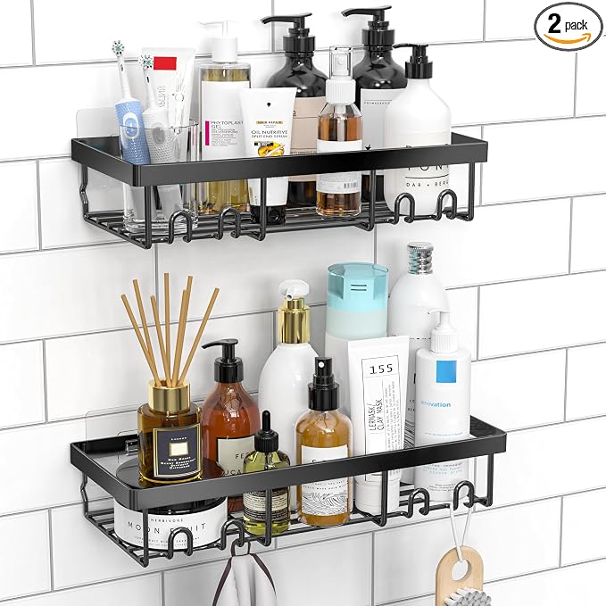 Moforoco Shower Caddy Shelf Organizer Rack, Self Adhesive Black Bathroom Shelves Basket, Home Farmhouse Wall Inside Organization and Storage Decor Rv Accessories, First Camper Apartment Essentials by MOFOROCO