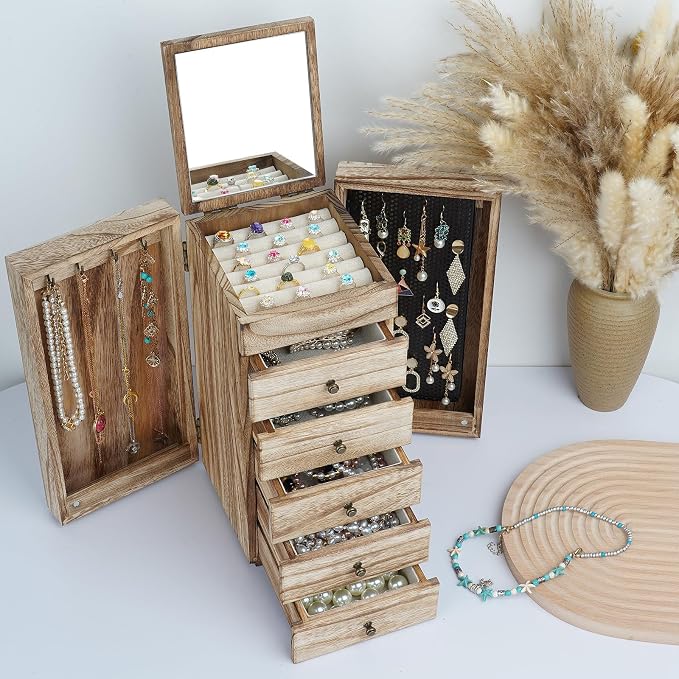 Meangood Jewelry Box Wood for Women, 6-Layer Large Organizer Box with Mirror & 5 Drawers for Rings, Earrings, Necklaces, Vintage Style, Carbonized Black - Image 2