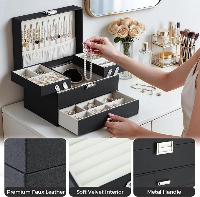 Dajasan Jewelry Organizer Box, Large Jewelry Boxes for Women Girls, Space-Saving 3 Layers Jewelry Storage Case with Drawer, Movable Metal Stand, Modern, Gift Idea (Black) - Image 5