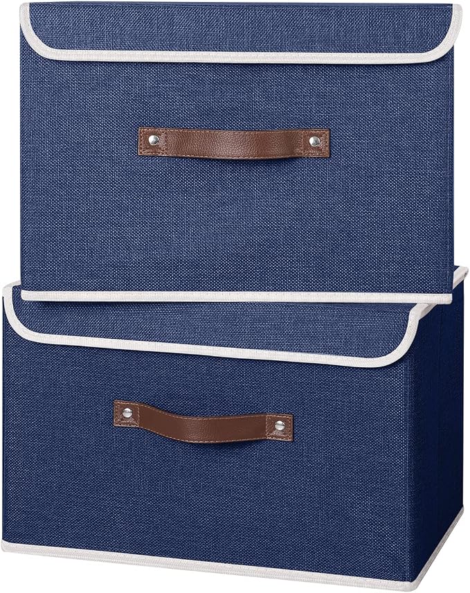 ANMINY 4PCS Storage Bins with Lid PU Leather Handles Storage Boxes PP Plastic Board Decorative Foldable Lidded Cotton Linen Fabric Home Cubes Baskets Closet Organizer Containers - Blue, Large Size - Image 5