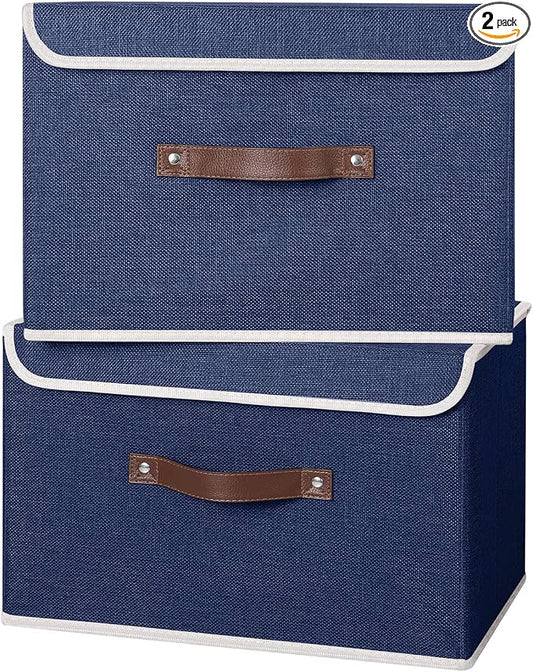 ANMINY 2PCS Storage Bins with Lid PU Leather Handles Storage Boxes PP Plastic Board Decorative Foldable Lidded Cotton Linen Fabric Home Cubes Baskets Closet Organizer Containers - Blue, Large Size by ANMINY