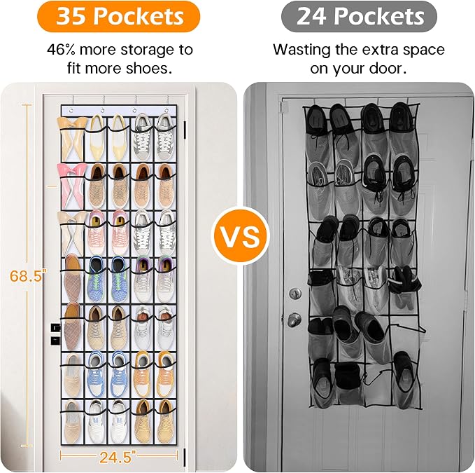MISSLO 35 Large Pockets Over The Door Shoe Organizer Sturdy Oxford Fabric Hanging Shoe Rack for Door Mesh Closet Shoe Holder Hanger, White - Image 3
