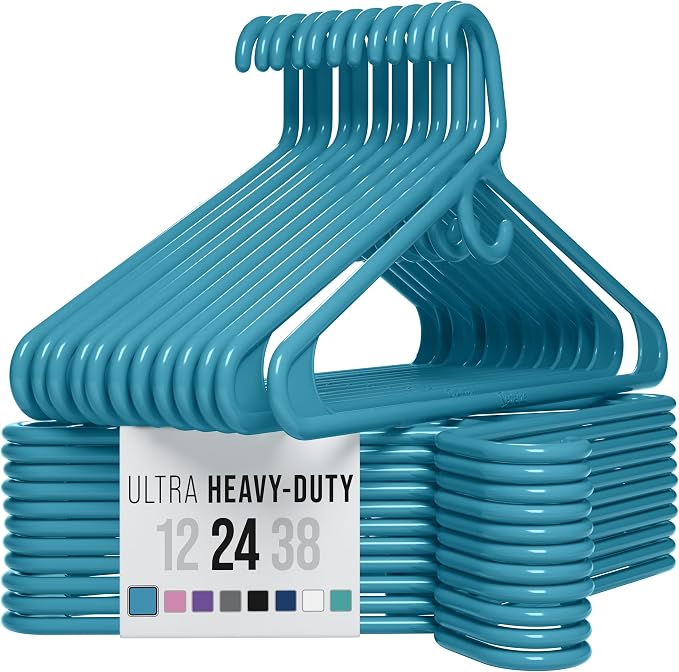 NEATERIZE Thick Heavy Duty Hangers - Blue Plastic Clothes Hangers 24 Pack - Great for Coat Hanger, Jackets Jeans & Suit Hanger for Closet - New Apartment Essentials Percheros Ganchos para Colgar Ropa by Neaterize