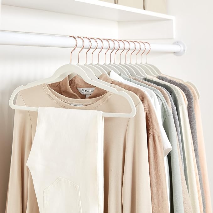 Amazon Basics Slim Velvet Non-Slip Space Saving Suit Clothes Hangers, Closet Organizer, Sturdy Construction, Ivory/Rose Gold, 50-Pack - Image 6