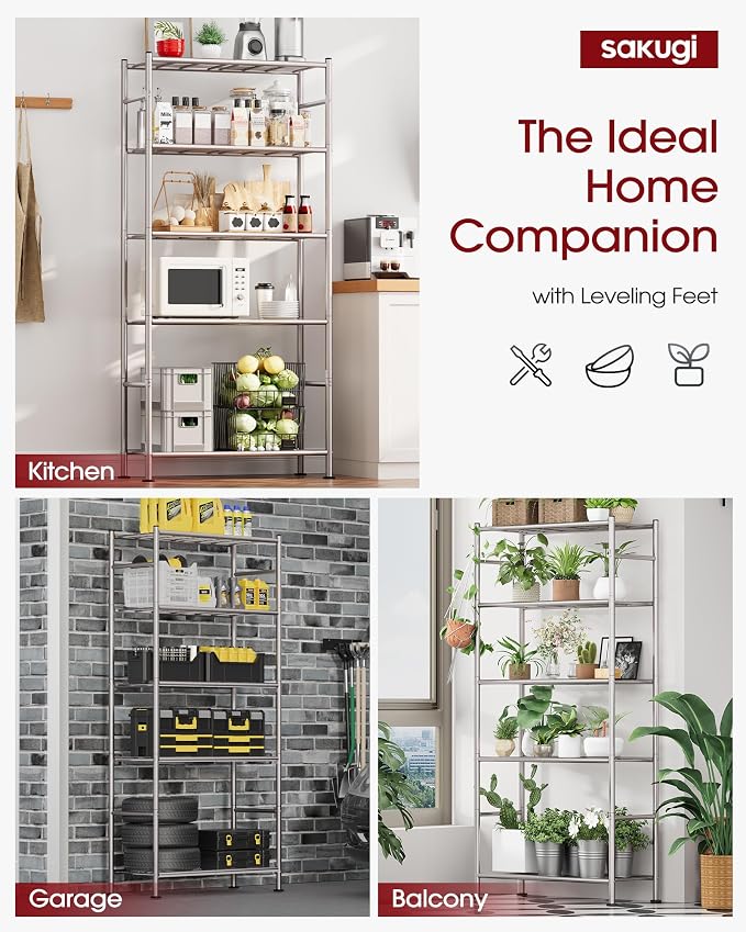 Sakugi Storage Shelves Organizer - 5 Tier Metal Shelf Organizer with Metal Wheels and Adjustable Leveling Feet, Heavy Duty Garage Shelving for Kitchen, Pantry and Closet, 33.1"x12.6"x73.5", Sliver - Image 7