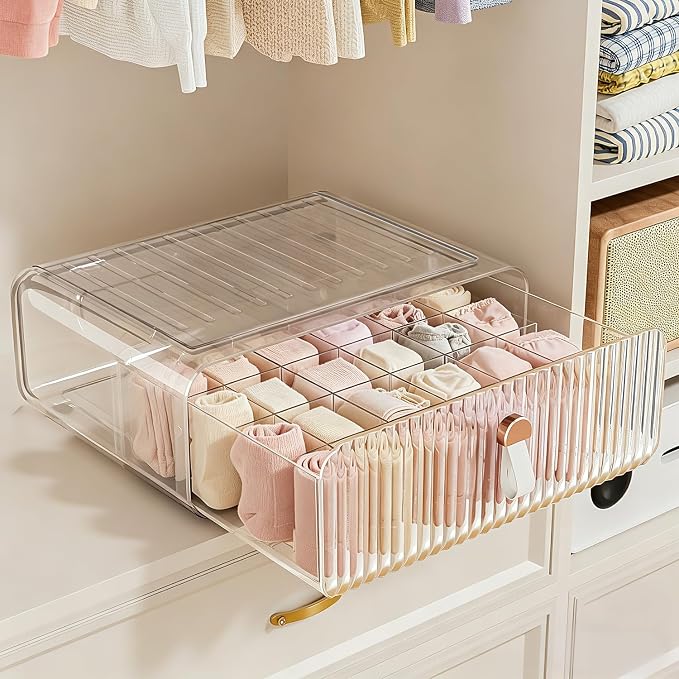 Sock Underwear Drawer Organizer - 24 Compartment Clear Acrylic Storage Bins with Removable Dividers for Closet, Stackable Dresser Drawer Box for No-Mess Socks, Tiers, Baby Clothes, Belt, Tea Bag by Neprock