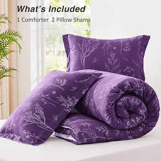 Love's cabin Dark Purple Comforter Set Queen - Queen Size Comforter Set, 3 Pieces Cute Floral Bedding Sets for All Seasons,1 Soft Reversible Botanical Flowers Comforter and 2 Pillow Shams