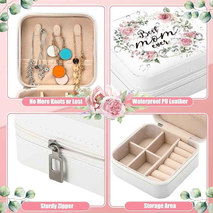 Kacctyen 12 Pieces Best Mom Ever Mini Travel Jewelry Case Bulk Mother's Day Church Gifts Watercolor Flowers Women Party Favor Gift for Secretary Girls Leather Travel Jewelry Case - Image 5