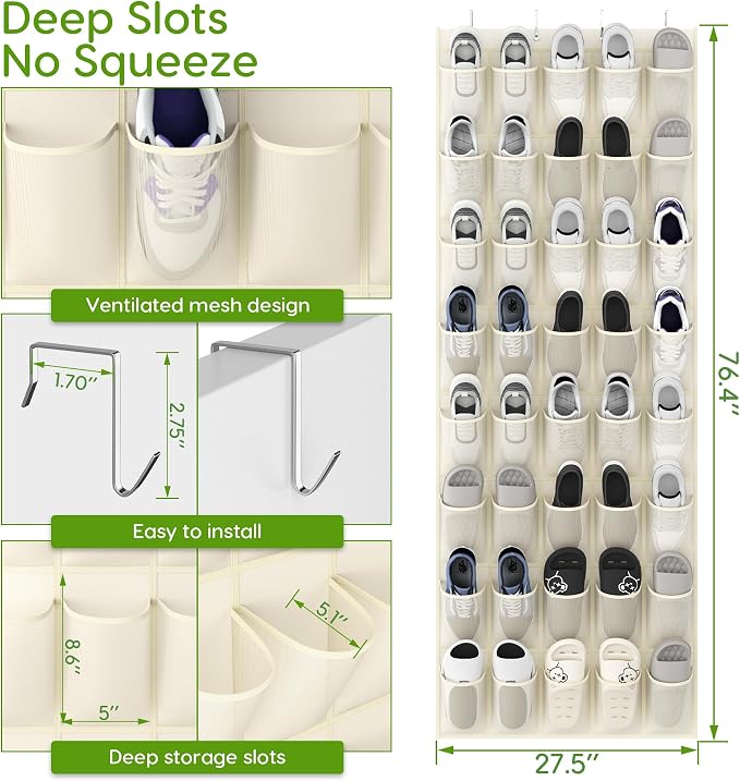 Unjumbly Over the Door Shoe Organizer with 40 Large Breathable Mesh Pockets, Space Saving Shoe Holder, Hanging Shoe Rack for Entryway Bedroom Closet Storage (Beige, 40 Pockets) - Image 2