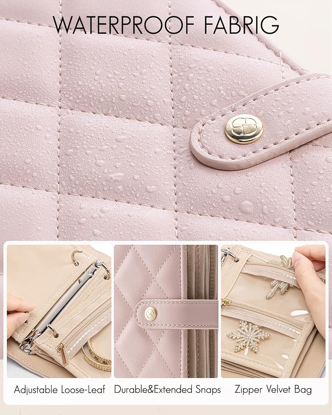 VLANDO Travel Jewelry Organizer Case,Travel Gifts for Women,Portable Jewelry Storage Book Ring Binder with Clear Zipper Velvet Jewelry Pouch Bag-Pink - Image 3