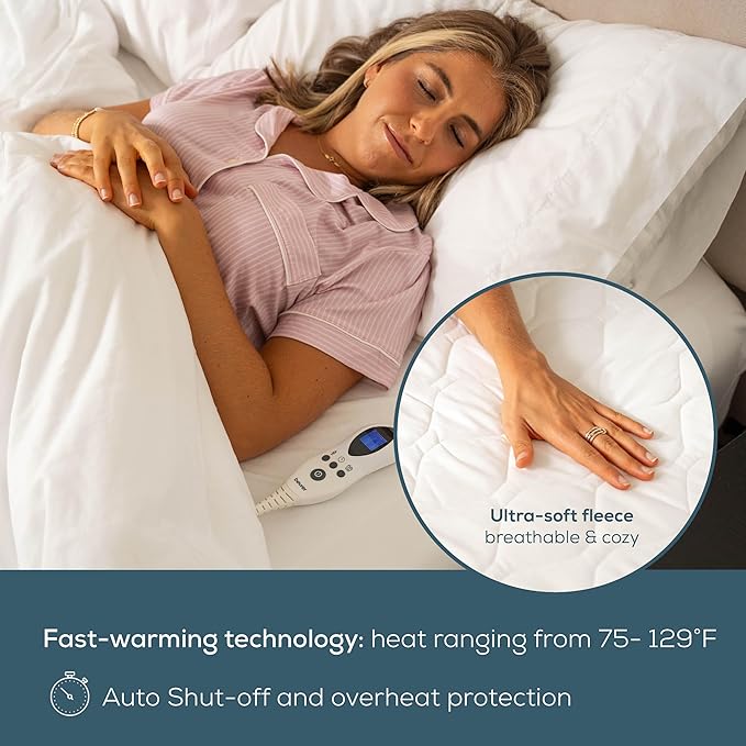 Beurer UWB80 Heated Mattress Pad King, Dual Control Electric Mattress Cover with Separate Feet/Body Heat, Auto Shut Off, 9 Warming Levels, Overheat Protection, Soft Quilted Fabric, King 76" x 80"
