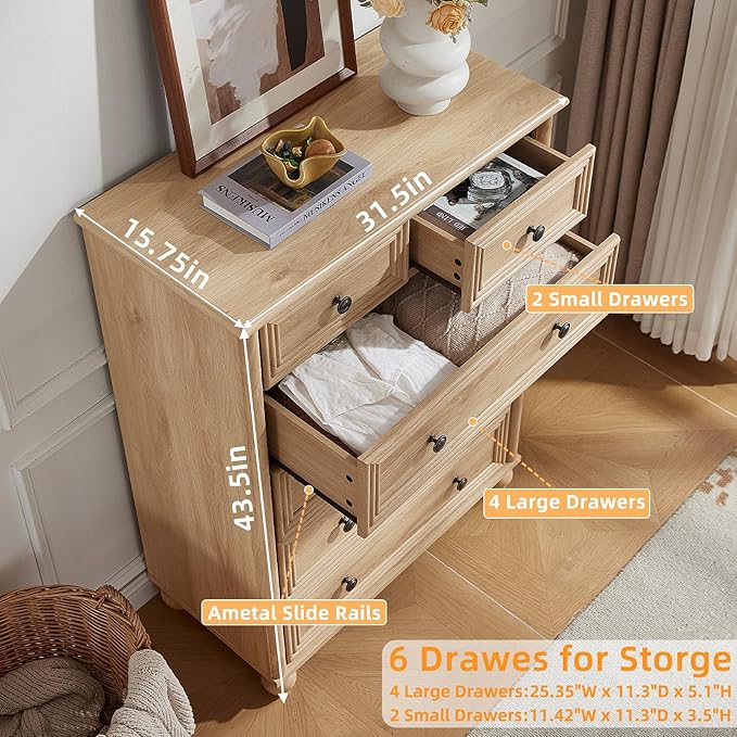 RWYHG Farmhouse 6 Drawer Dresser Set of 2, Natural Chest of Drawers, 43.5" Tall Dressers for Bedroom with Roman Column and Metal Handles, Wood Storage Organizer for Living Room, Hallway, Closet