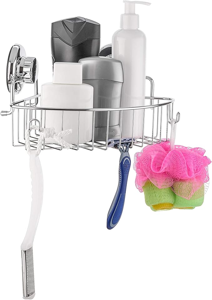 HASKO accessories Corner Shower Caddy with Suction Cups and 3M Adhesive Mounting Discs for porous surfaces - Stainless Steel Basket for Bathroom Storage (Chrome) - Image 2