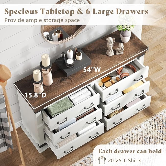 AMERLIFE 5-Piece Farmhouse Bedroom Set, Rustic Wood King Bed Frame with 51" Tall Headboard, 6-Drawer Dresser, 5-Drawer Tall Chest, Nightstands Set of 2 with Charging Station, White
