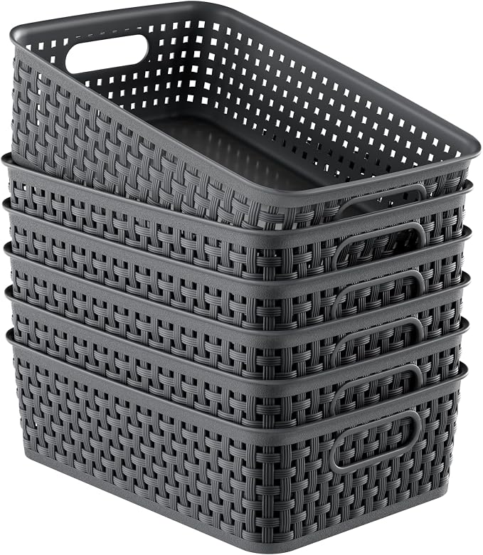 6 Pack Plastic Storage Baskets, Small Baskets for Organizing, Plastic Storage Bins Wicker Pantry Organizer Bins Household Toys for Laundry Room, Bedrooms, Kitchens, Cabinets, Countertops by FUCDTEFC