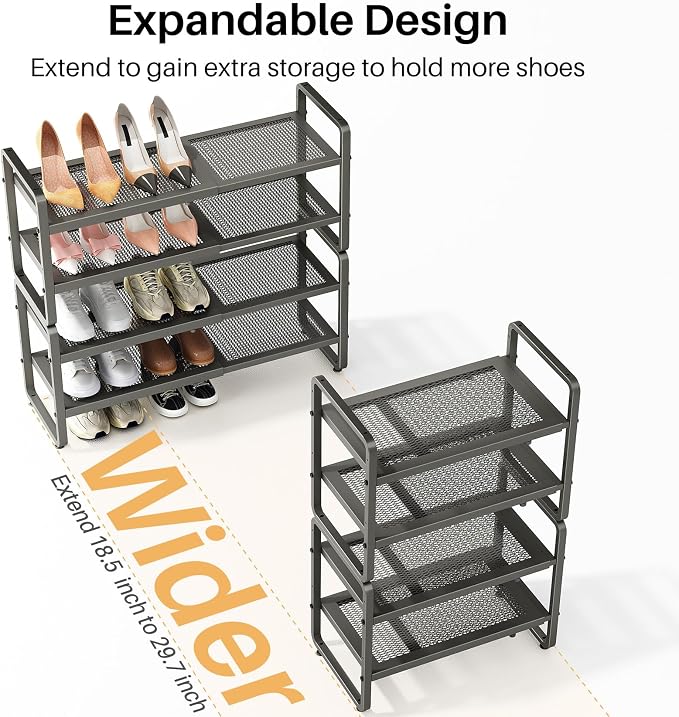 SNTD Shoe Rack - Expandable Shoe Organizer for Closet, Adjustable Metal Shoe Shelf Storage, Stackable Long Shoe Stand Holder for Garage, Entryway, Door Entrance (Grey, 4-Tier) - Image 4