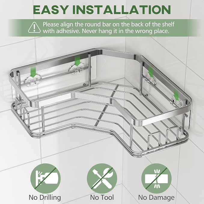 MAXIFFE 3 Pack X-Large Corner Shower Caddy with Soap Holder, Large Capacity Easy Install No Drilling Stainless Steel Sturdy Hold 40 LB Shower Organizer Shelves Rack for Family Renters Bathroom, Silver - Image 3