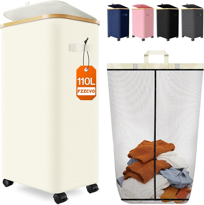 Laundry Hamper with Wheels, 110L Large Clothes Hamper with Removable Inner Bag, Collapsible Dirty Clothes Basket for Dorm, Rolling Dirty Clothes Basket for, Bedroom, Bathroom, Laundry Room by Fzzcvo