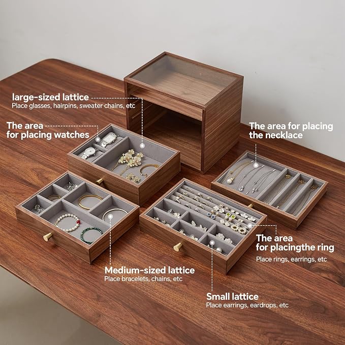 Black Walnut Jewelry Organizers and Storage,4 Layer Wooden Jewelry Boxes for Women,for Necklaces Ring Earring (4 Layer) - Image 2