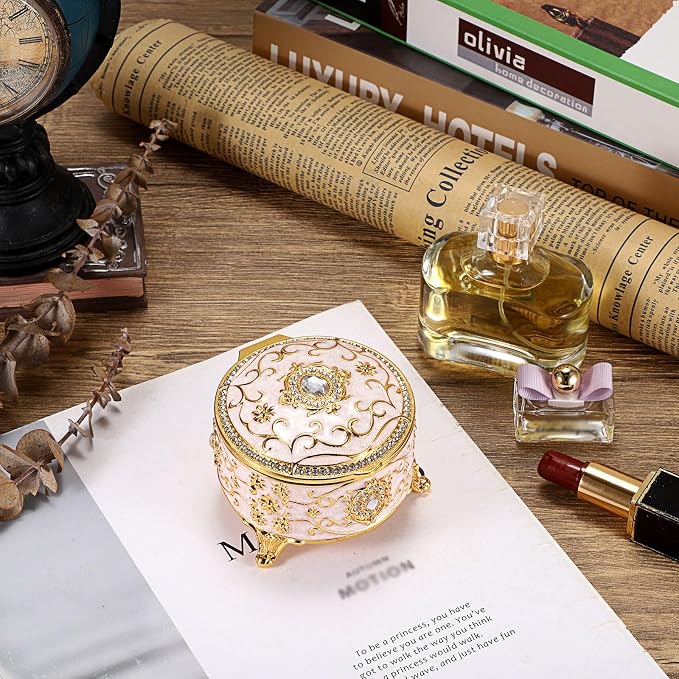 Hipiwe Metal Jewelry Box Small Treasure Chest Box Vintage Round Trinket Organizer Ring Holder Enameled Jewelry Box for Earrings Necklace Holder Gift for Birthday Christmas,Home Decor,Beige - Image 5