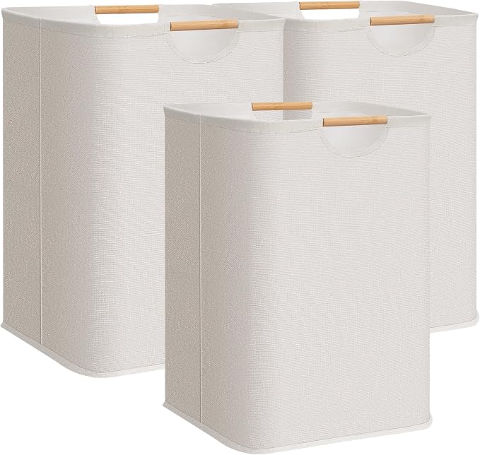STORAGE MANIAC 3-Pack Large Laundry Hamper, 100L (26.4 Gal) Collapsible Laundry Basket with Bamboo Handles, Freestanding Waterproof Clothes Hamper for Laundry Room, Bedroom, Dorm, Towels, Toys, White by STORAGEMANIAC