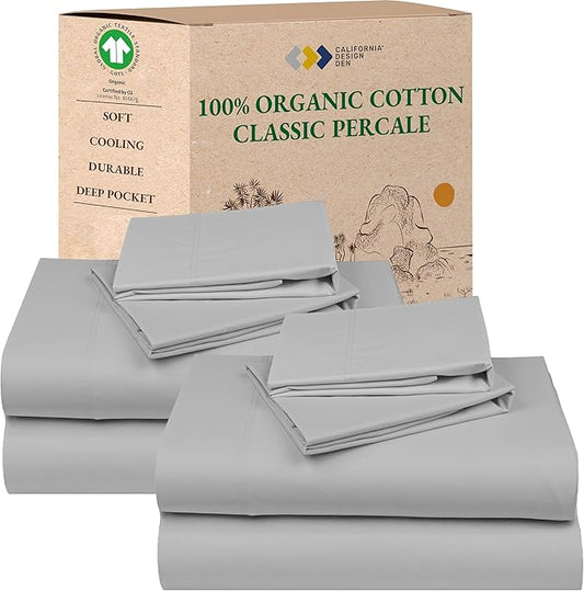 California Design Den 2-Pack Full Size Bed Sheets Set - 100% Organic Cotton, Crisp and Breathable Percale Bed Sheets Full Size, Deep Pockets, Lightweight Bedding Set - Light Grey