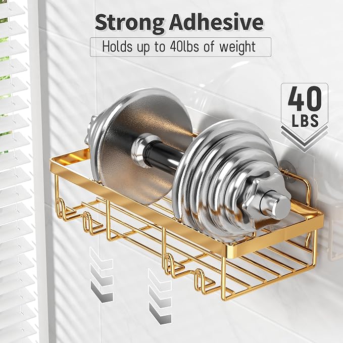 Liuoud 10 Pack Shower Caddy Organizer Rack Shelf for Inside Shower, Self Adhesive Wall Storage Basket Rustproof Stainless Steel Shampoo Holder Bathroom Accessory Decor Set, Gold - Image 5
