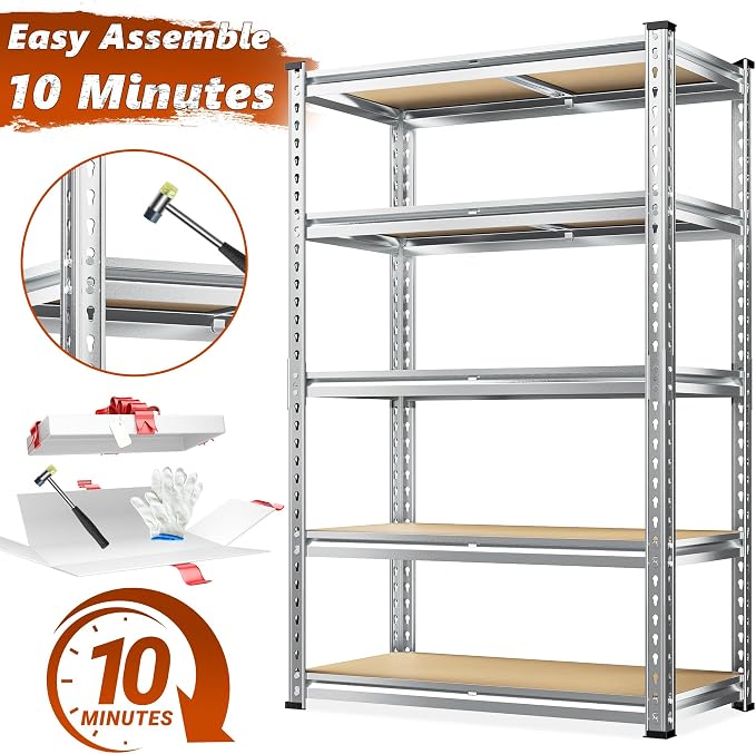 REIBII Garage Shelving, 5 Tier Storage Shelves Load 2400LBS, Adjustable Garage Shelves Heavy Duty, Metal Shelving Unit with Waterproof Columns for Warehouse, 35.5" W x 11.9" D x 72" H, Galvanized - Image 7